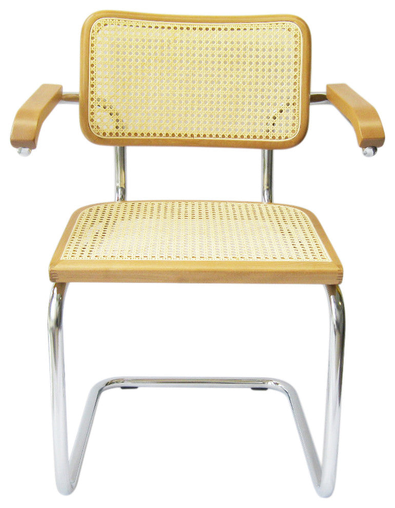 Marcel Breuer Cane Chrome Arm Chair, Honey Oak