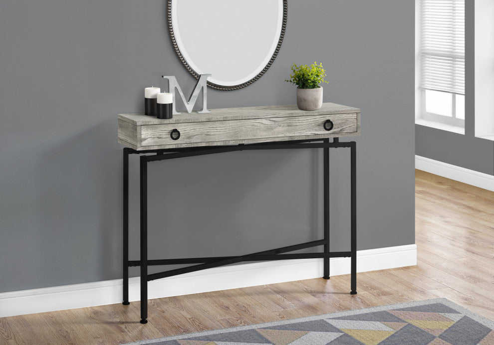 Accent Table, Narrow, Sofa, Storage Drawer, Metal, Laminate, Grey, Black