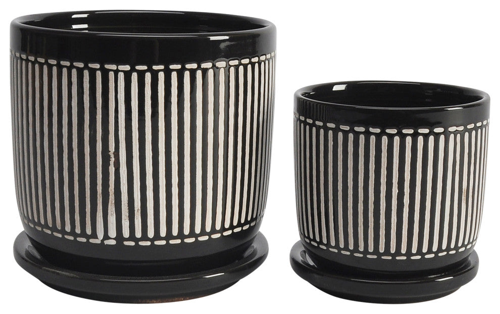 2-Piece Set, 5" and 6" Vertical Lines Planter With Sauceramic Black