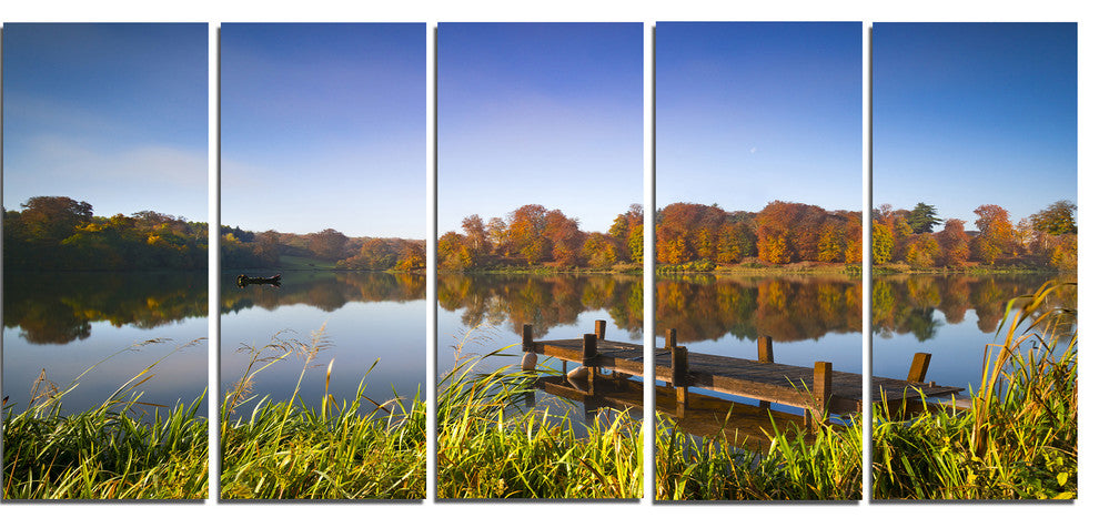 Still Waters of Fall Lake, Landscape Canvas Art Print, 60"x28", 5 Panels