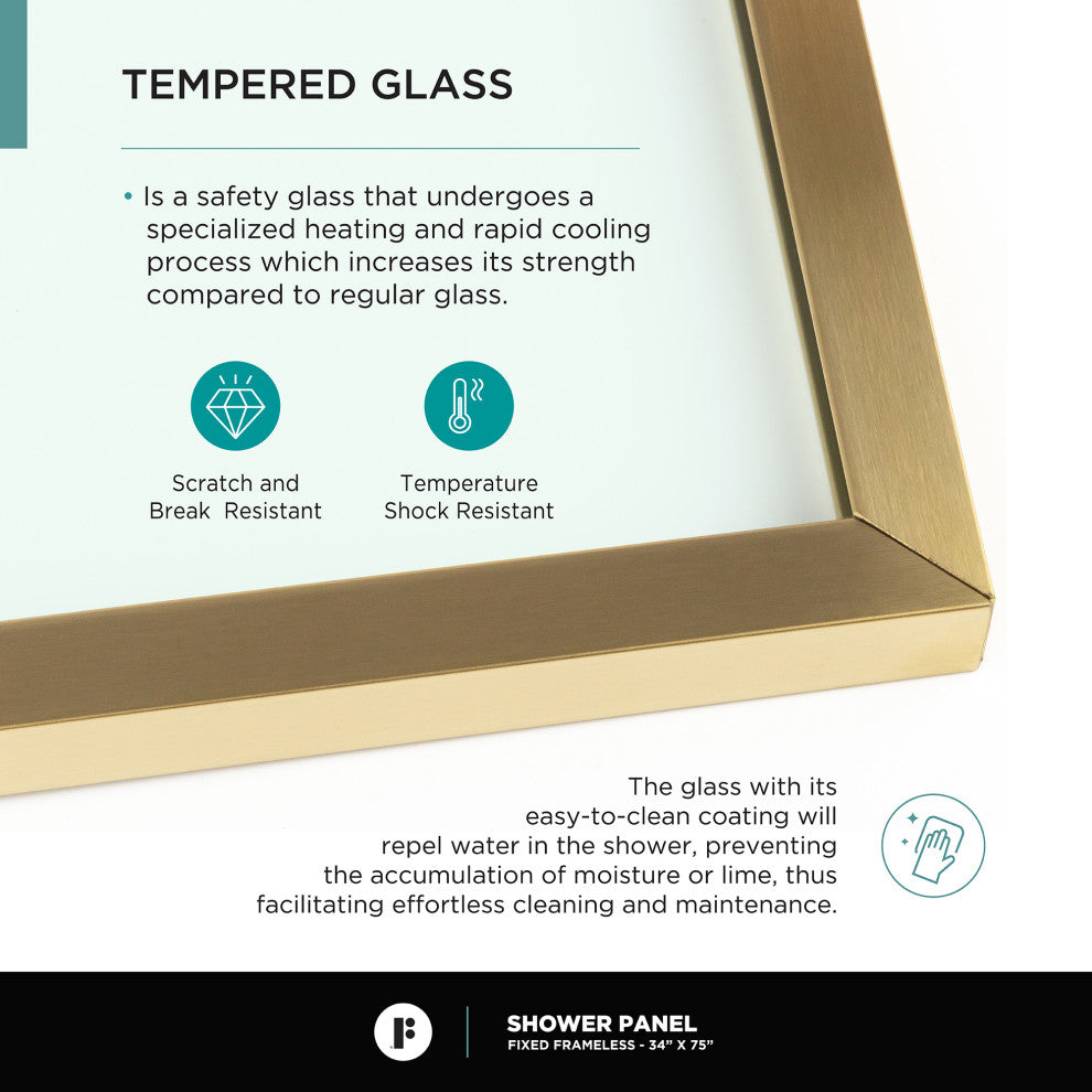 Single Fixed Glass Shower Panel - Clear Tempered Frameless Shower Glass Door, Satin Brass, 34"