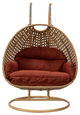 LeisureMod Mendoza Light Brown Wicker Hanging Double Egg Swing Chair, Cherry