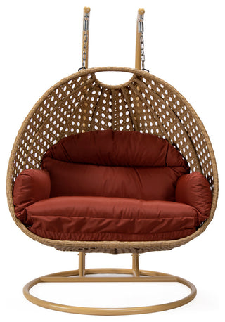 LeisureMod Mendoza Light Brown Wicker Hanging Double Egg Swing Chair, Cherry