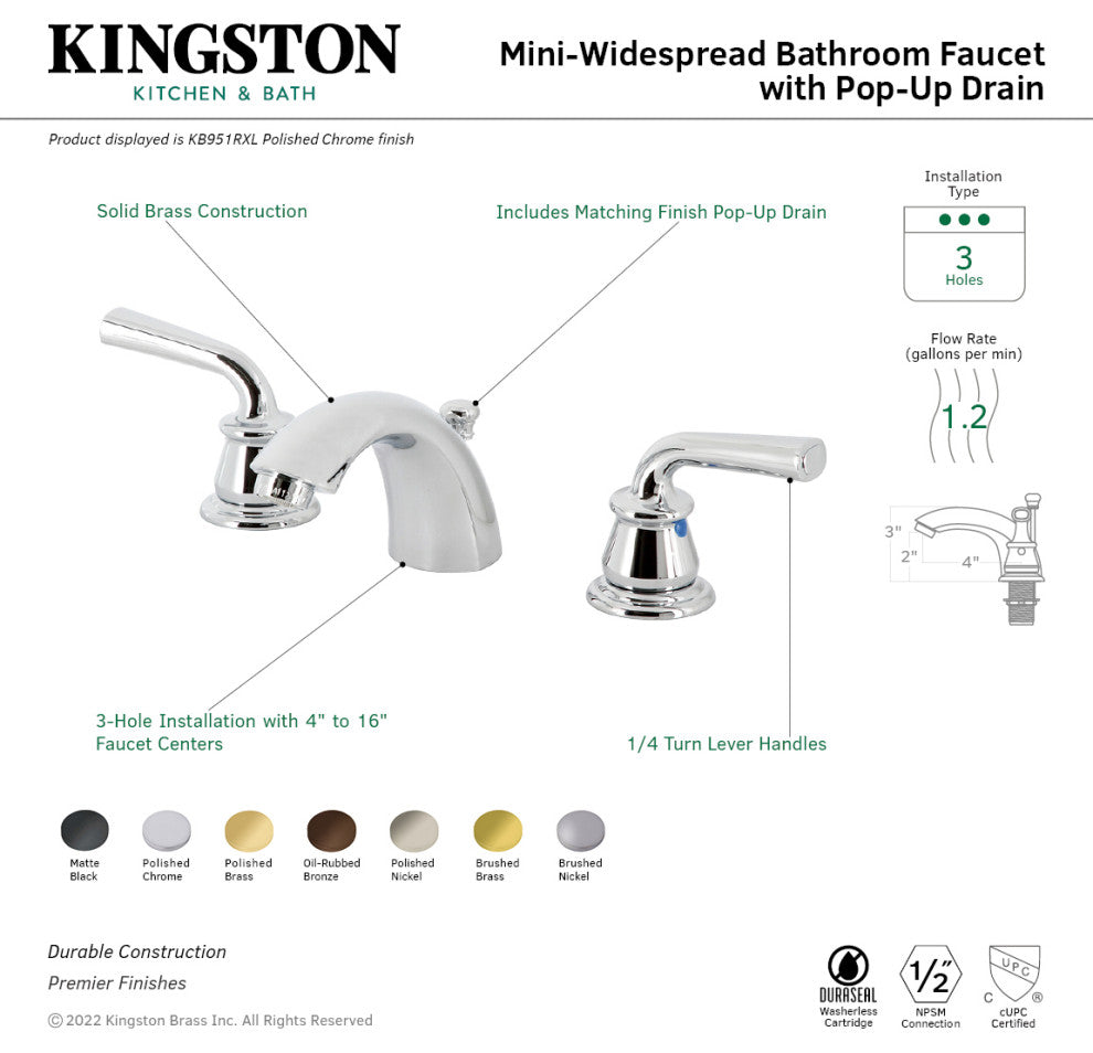 Kingston Brass KB952RXL Mini-Widespread Bathroom Faucet, Pop-Up Drain