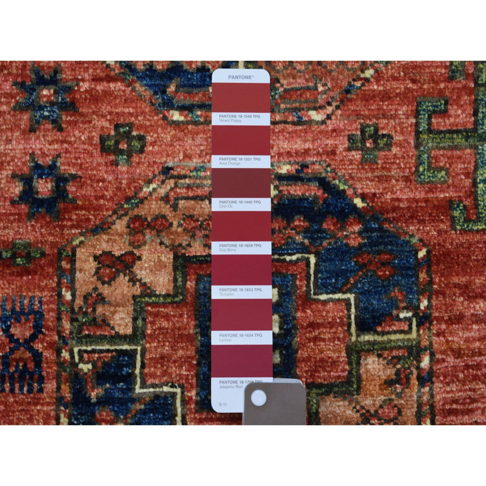 Coral Red Natural Dyes Afghan Ersari Pure Wool Hand Knotted Rug, 2'1" x 2'10"