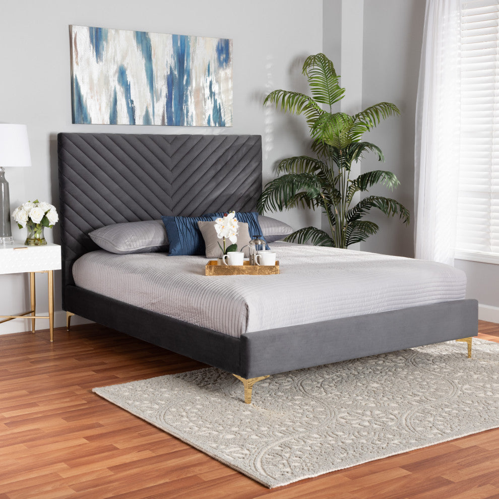 Sofi Glam and Luxe Velvet Upholstered Platform Bed, Gray/Gold, Queen