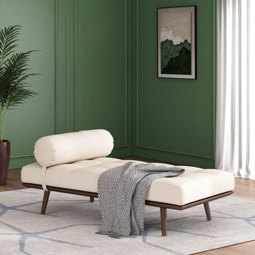 Lancer Mid Century Modern Tufted Chaise Lounge & Pillow, Beige/Natural Walnut
