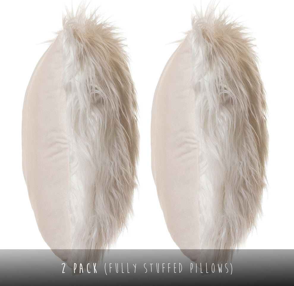 Faux Fur Throw Pillow 18"X18" With Insert (2 Pack), Mongolian Long Hair White