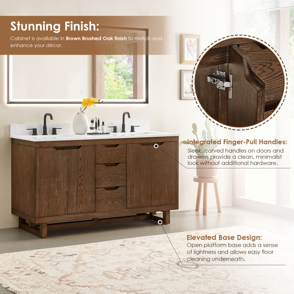 Mowry Bathroom Vanity, Brown Brushed Oak, 60", No Mirror
