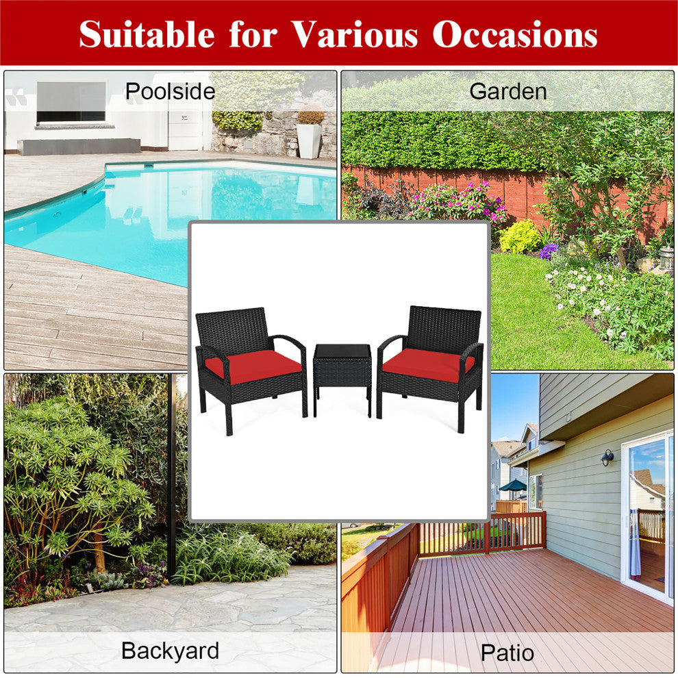 Costway 3PC Patio Rattan Furniture Set Table Conversation Sofa Cushioned Red