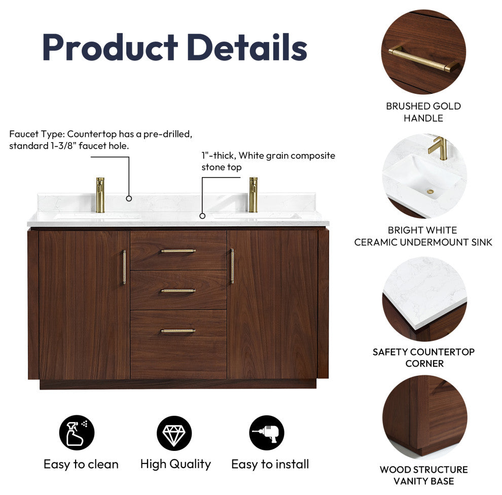 San Bath Vanity with Stone Top, Natural Walnut, 60" Double Sink, Double Vanity, No Mirror