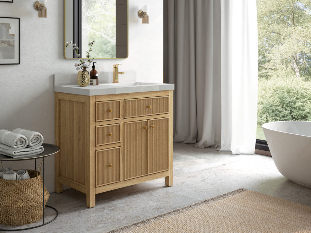 Sonoma 36 Right Offset Bath Vanity in Light Natural Teak with 2" White Quartz