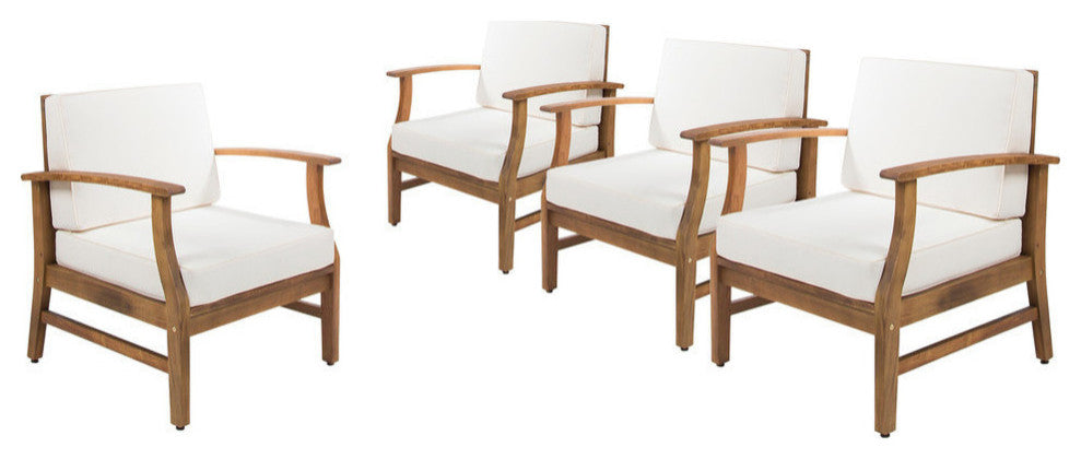 GDF Studio Pearl Outdoor Teak Acacia Wood Club Chairs With Cushion, Cream, Set of 4