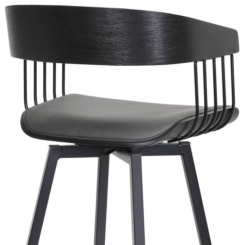 Athena 27" Swivel Black Wood Counter Stool in Gray Faux Leather with Black Metal, 31