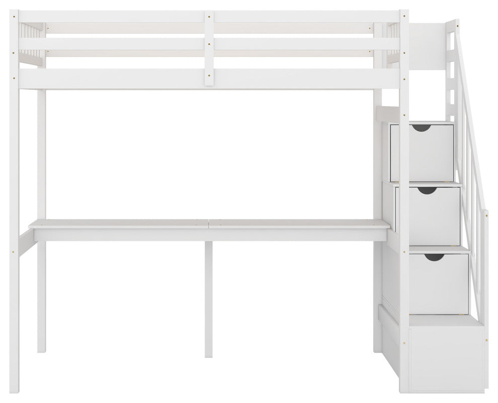 Gewnee Twin Size Loft Bed with Storage Staircase and Built-in Desk in White