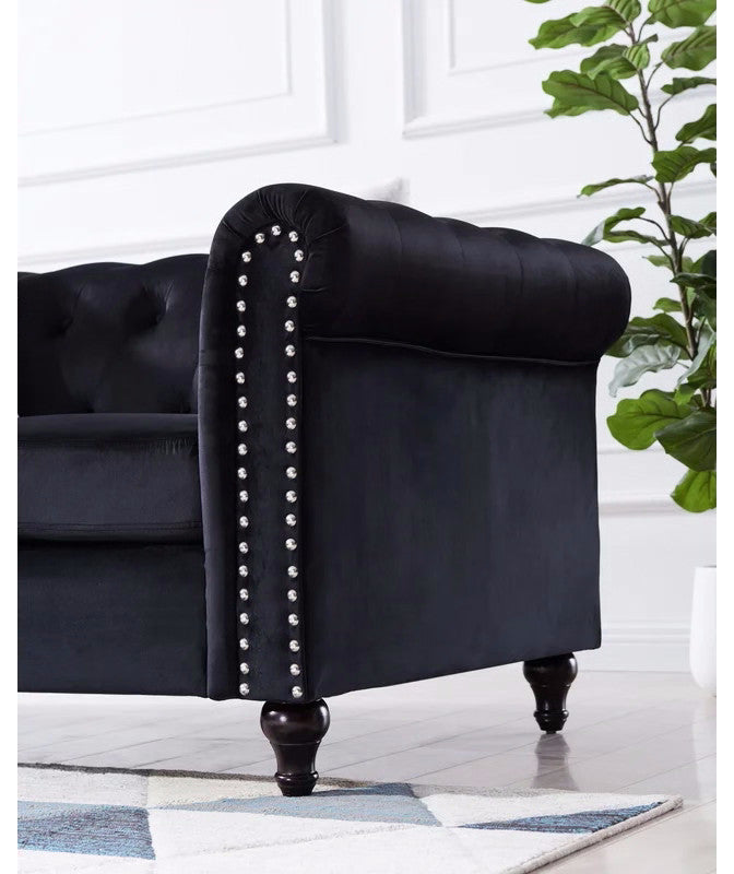 UFE Velvet Living Room 3 Set Sofa Loveseat Chair Black, Sofa, Loveseat, Chair