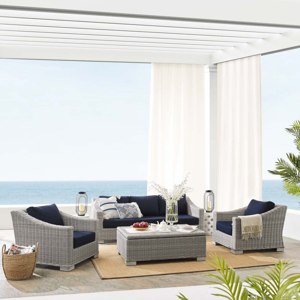 Lounge Sofa Chair Table Set, Rattan, Wicker, Gray Blue Navy, Outdoor