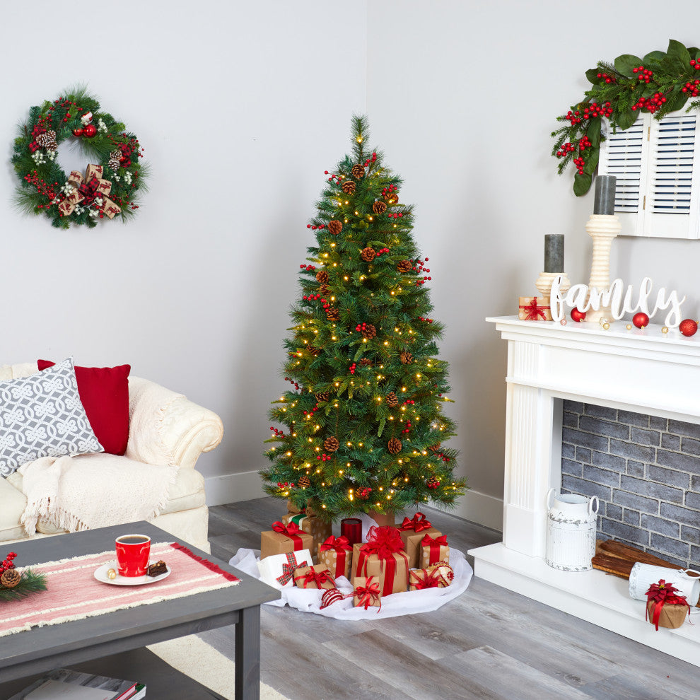 6' Mixed Pine Faux Xmas Tree With 250 Clear LED Lights, Pine Cones and Berries