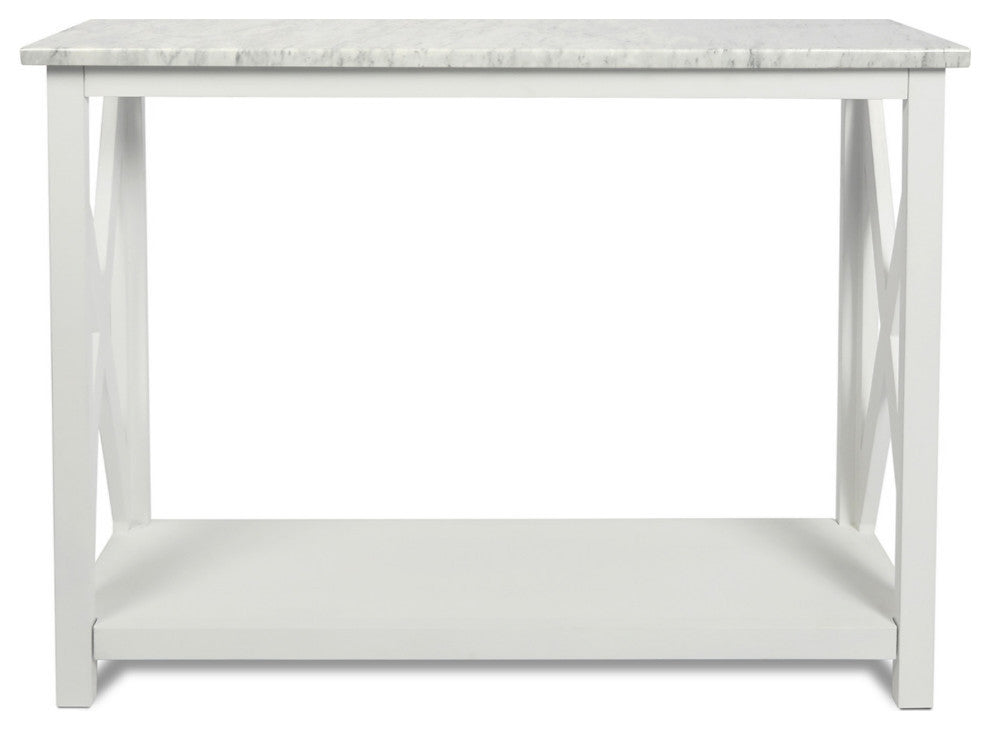 39" Italian Carrara White Marble Console Table With White Color Solid Wood Legs