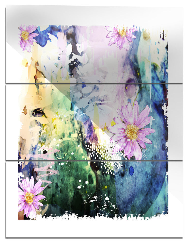"Abstract Blue Pink Floral Art" Glossy Metal Wall Art, 3 Panels, 28"x36"
