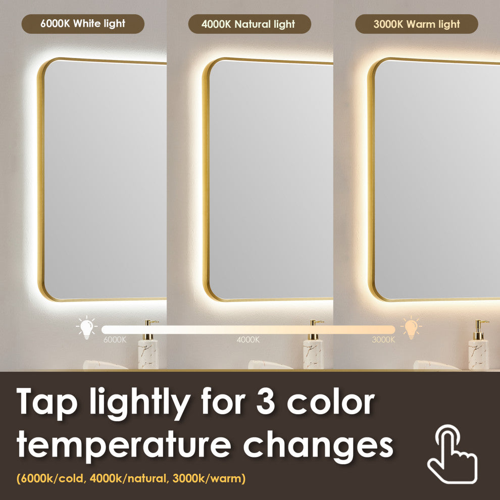 Dazzle Rectangular Bathroom/Vanity LED Lighted Wall Mirror, Brushed Gold, 36"