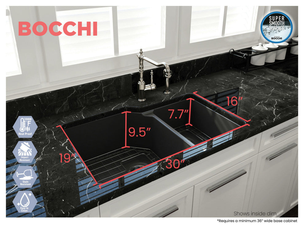 Sotto Dual-Mount Fireclay 33" 60/40 Double Bowl Kitchen Sink in Matte Dark Gray