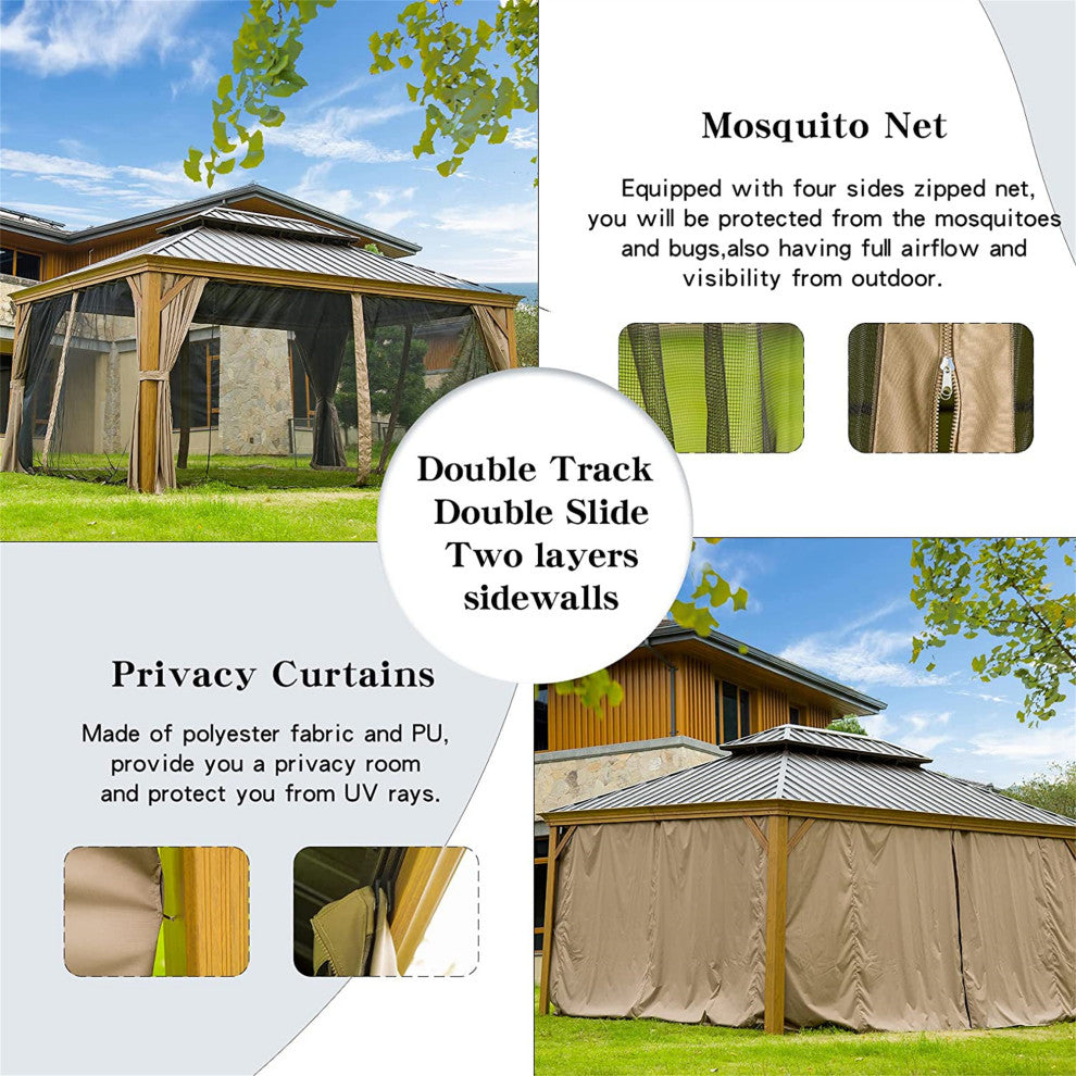Hardtop Gazebo, Aluminum Frame Canopy with Galvanized Steel Double Roof, Yellow Brown