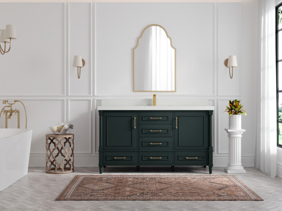 Aberdeen 60 Single Bathroom Vanity in Dark Forest Green 2" Carrara Quartz