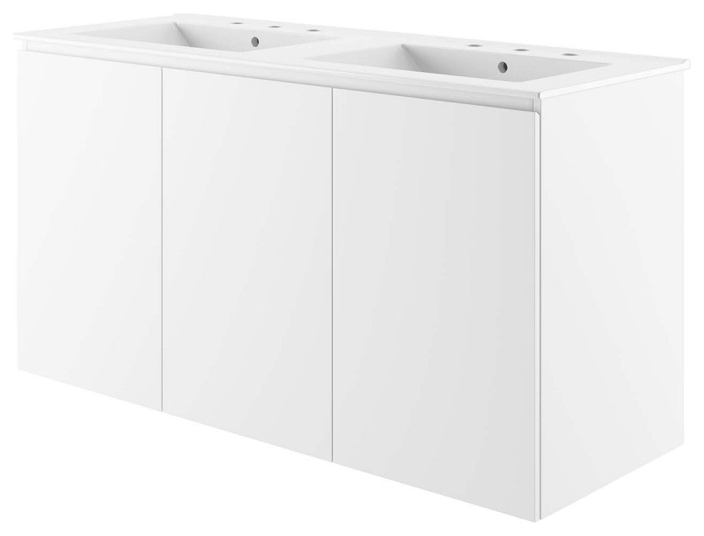 Double Sink Vanity Cabinet, Wall Mount, White, Ceramic, Modern, Hotel Bathroom