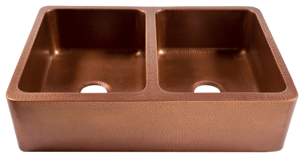 Lange Copper 32" Double Bowl Farmhouse Apron Front Undermount Kitchen Sink