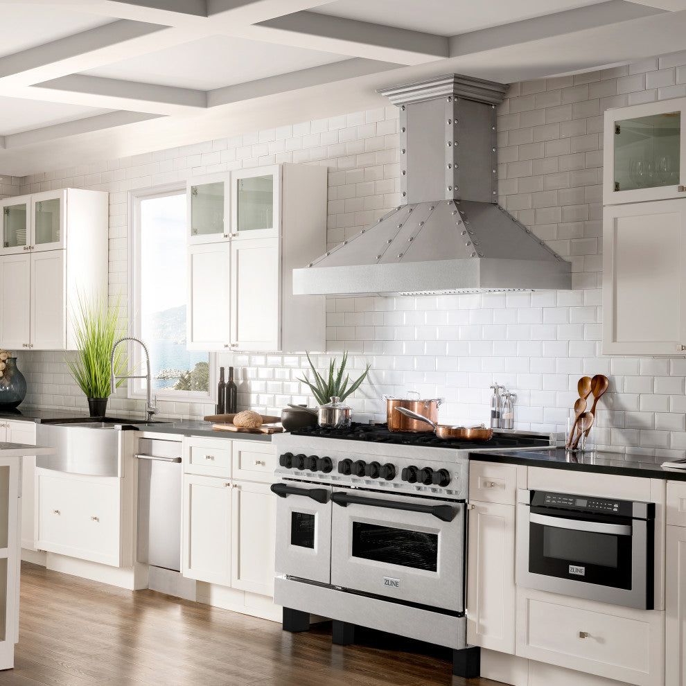 ZLINE 48" Dual Fuel Range, DuraSnow With Matte Black Accents RASZ-SN-48-MB