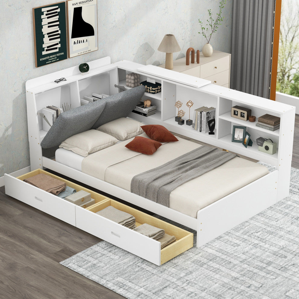 Gewnee Wood Twin Size platform bed with Storage Headboard
