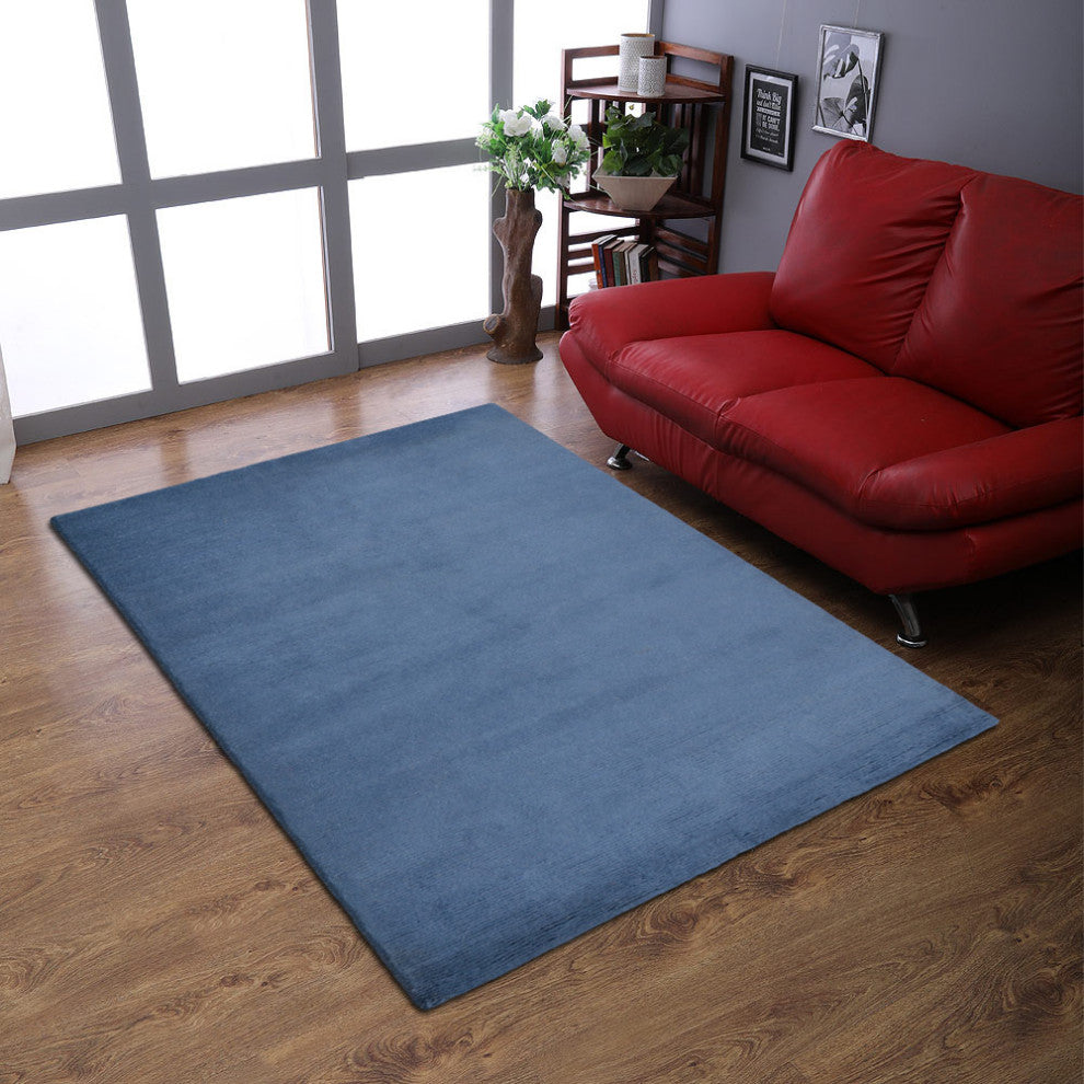 Hand Knotted Tibbati Wool Area Rug Solid Blue, [Rectangle] 8'x11'