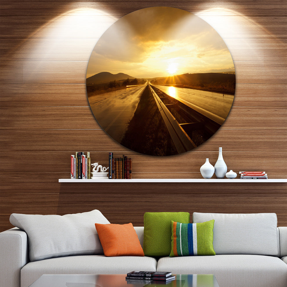 Wet After Rain Road At Sunset, Disc Metal Wall Art Landscape, 23"