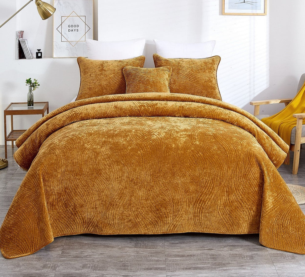 Velvet Dreams Melted Gold Plush Ripple Waves Bedspread, 20x36