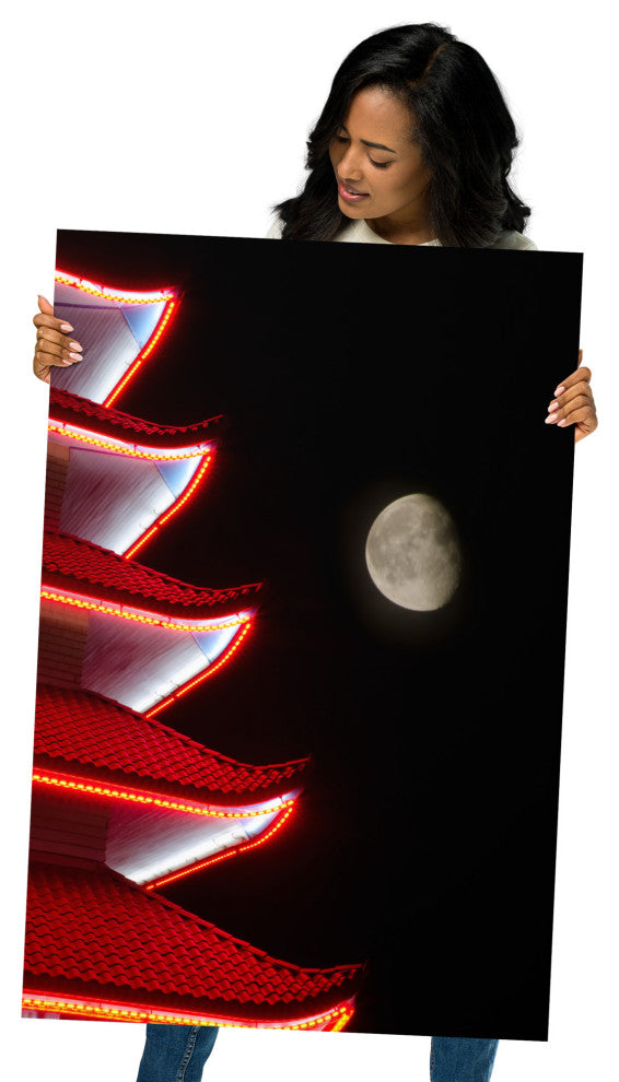 Moon Over Pagoda 1 Night Urban Photograph Unframed Wall Art Print, 24" X 36"