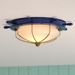 Orleans Navy Blue Gold Coastal Ship Wheel Indoor Outdoor Ceiling Light Fixture, Navy Blue and Matte Gold