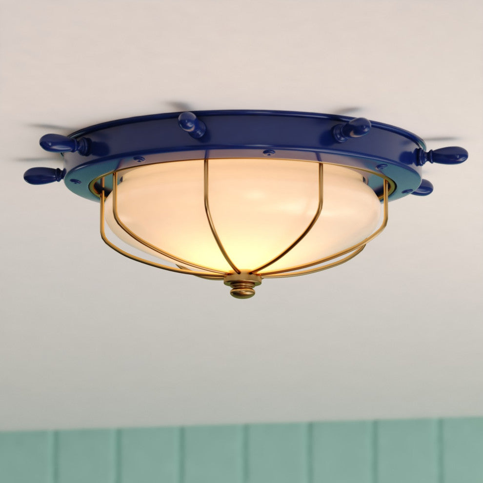 Orleans Navy Blue Gold Coastal Ship Wheel Indoor Outdoor Ceiling Light Fixture, Navy Blue and Matte Gold