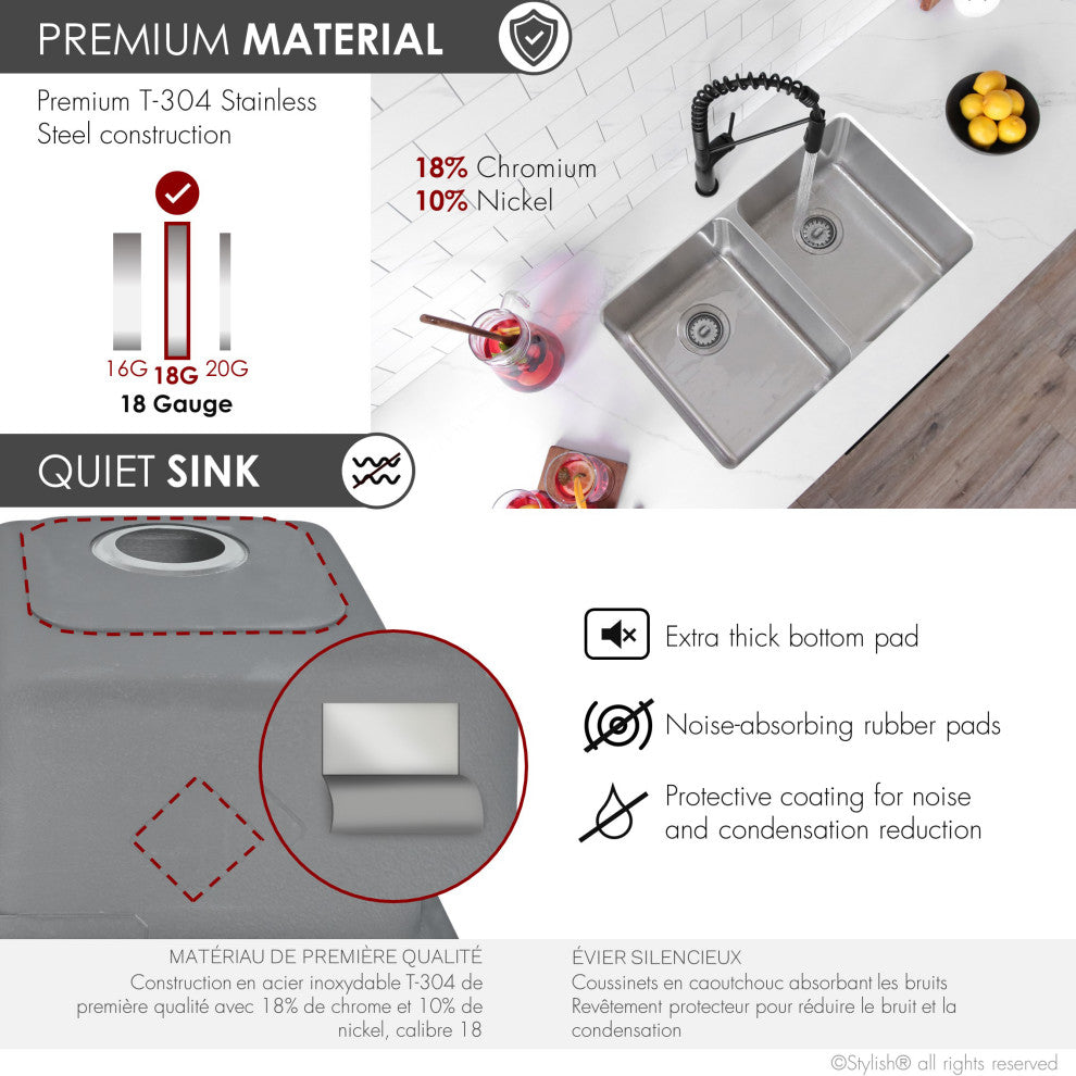 STYLISH 29" Double Bowl Undermount and Drop-in Stainless Steel Kitchen Sink
