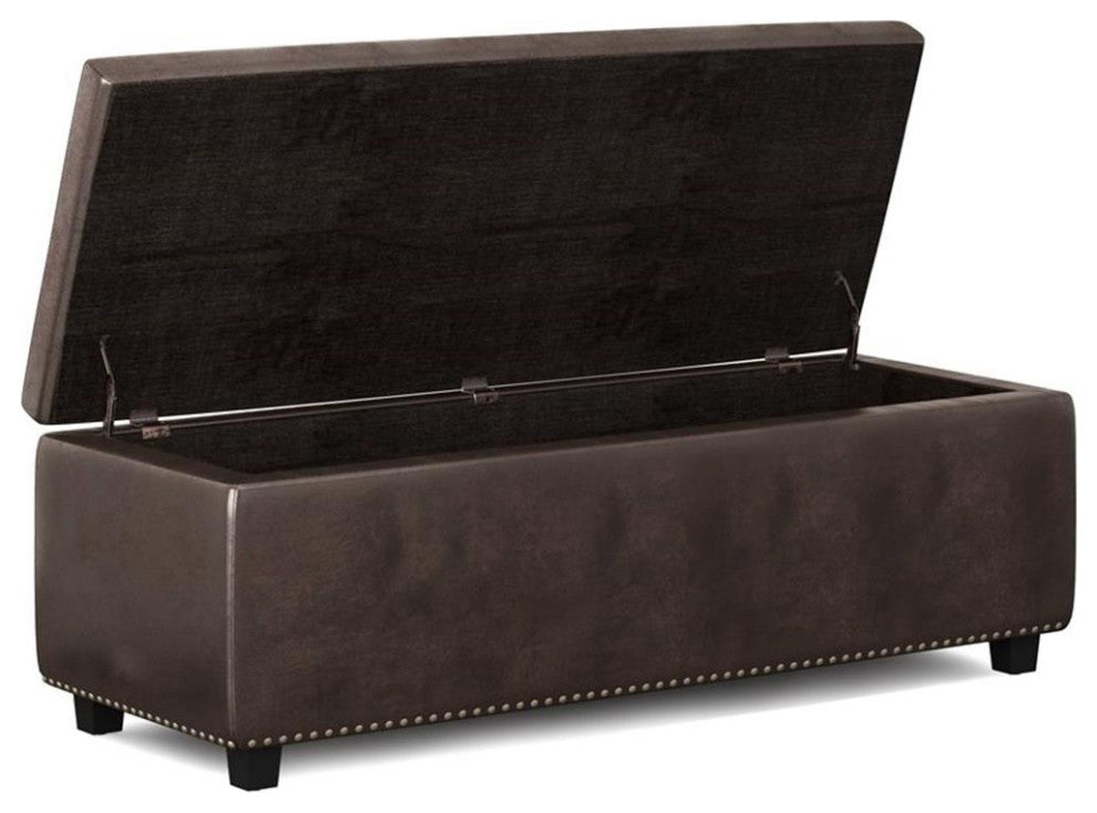 Hamilton 48 Inch Wide Rectangle Storage Ottoman In Distressed Brown Faux Leather