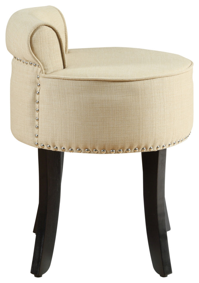 Ludovic Linen Contemporary Nailhead Trim Rolled Back Vanity Stool, Beige