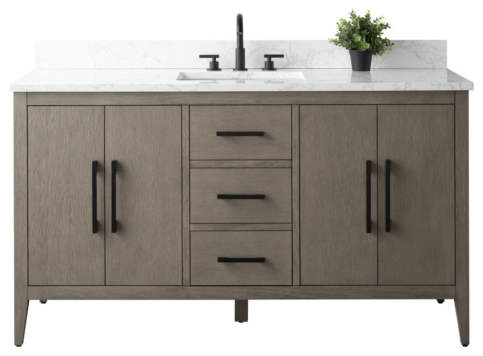 Vanity Art Bathroom Vanity With Sink, Driftwood Gray, 60", Single Sink, Matte Black