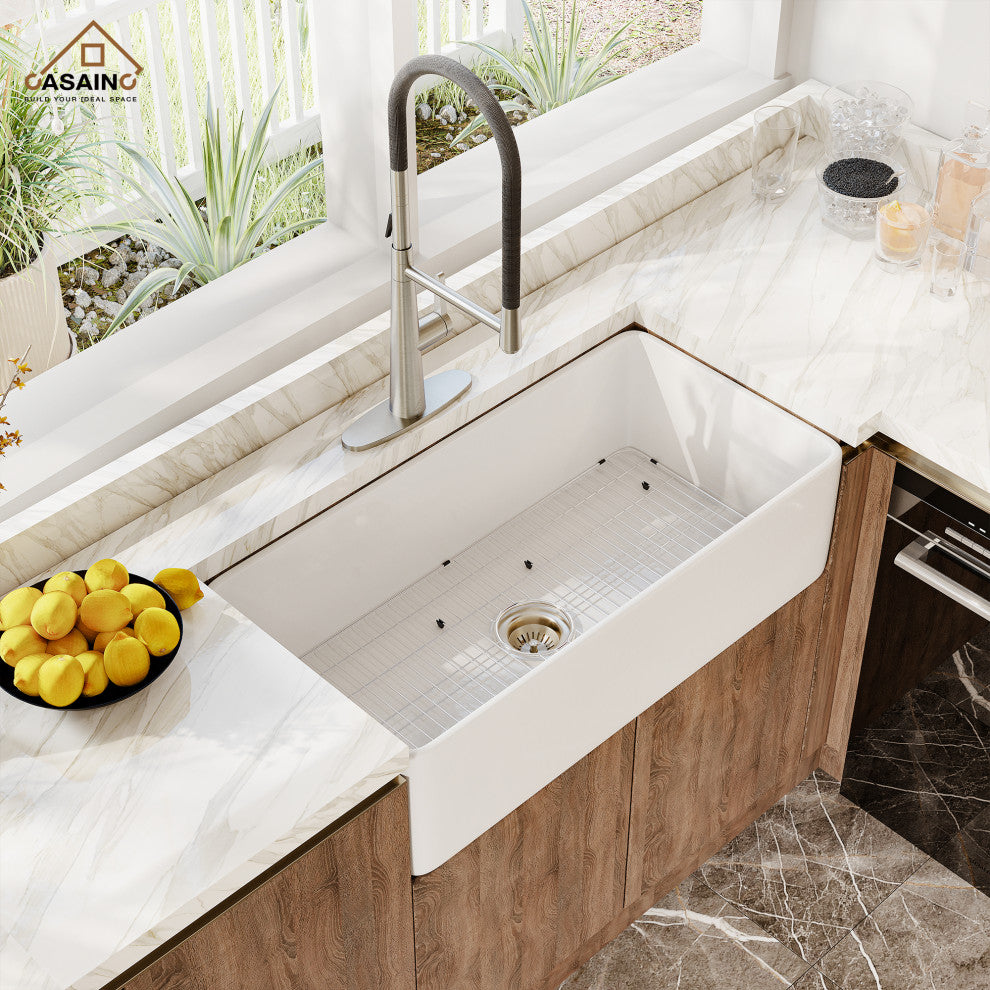 Fireclay Single Bowl Farmhouse Apron Kitchen Sink with Sprayer Kitchen Faucet, 36