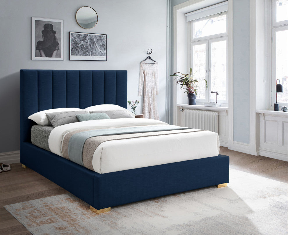 Pierce Linen Textured Fabric Upholstered Bed, Navy, Full
