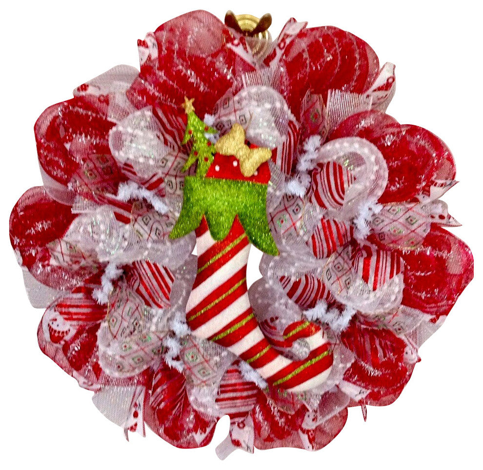 Elf Candy Cane Stocking Christmas Deco Mesh Wreath