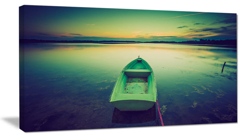 Boat at Sunset in Vintage Lake, Boat Canvas Art Print, 32"x16"