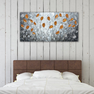 Golden Leaves on Textured Grey Hand-Painted Canvas Art