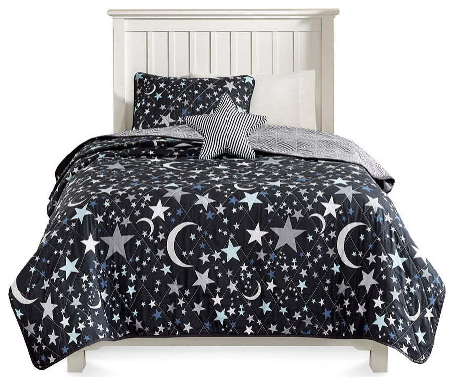 Mi Zone Kids Starry Night Stars Coverlet Set, Black, Antimicrobial, Twin