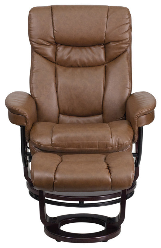 Palimino Leather Recliner and Ottoman With Swiveling Mahogany Wood Base