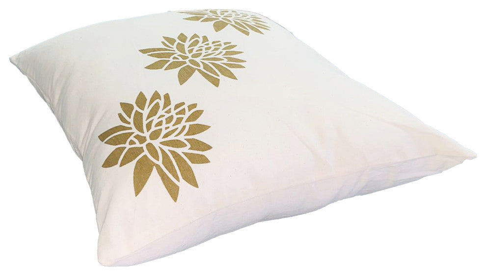 Benzara UPT-268971 Accent Pillow, Soft Cover, Printed Lotus Flower, Gold, White